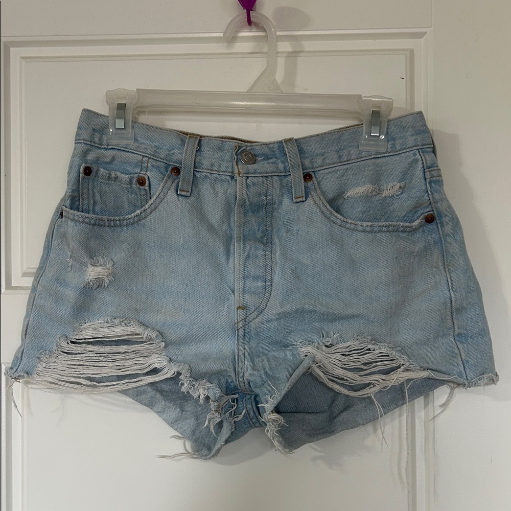 Levi 501 Light Blue Distressed Denim Shorts